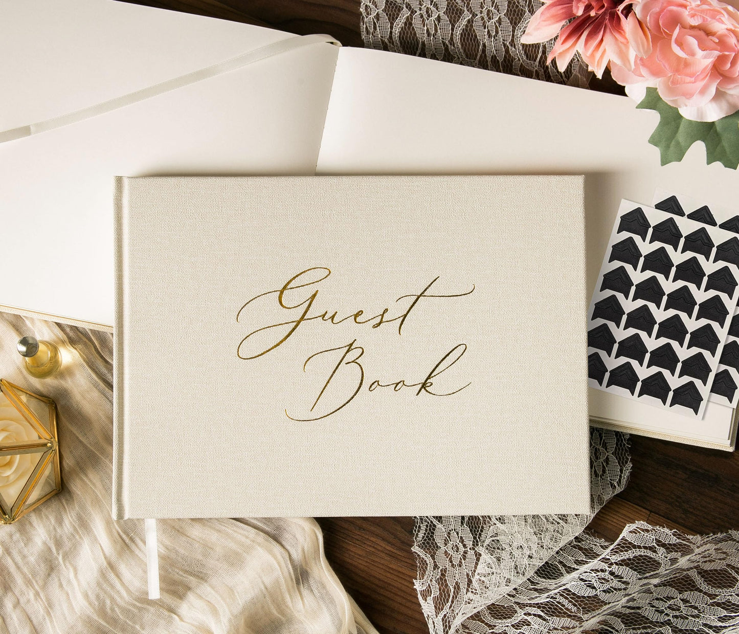 Luxury Blank Guest Book – Large 11.5x8.5” Cream Linen Hardcover with Gold Foil Embossed Cover & Gilded Edges – Unlined Wedding, Baby Shower, or Memory Book for Events