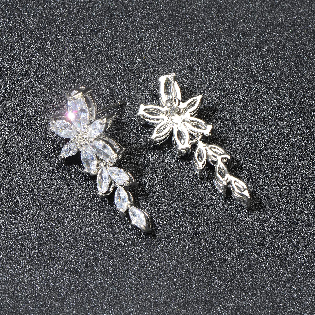 Women's Cubic Zirconia Bridal Earrings - Silver Marquise CZ Cluster Floral Leaf Crystal Rhinestone Dangle Drop Earring for Bride Bridesmaids Mother of Bride Party Prom
