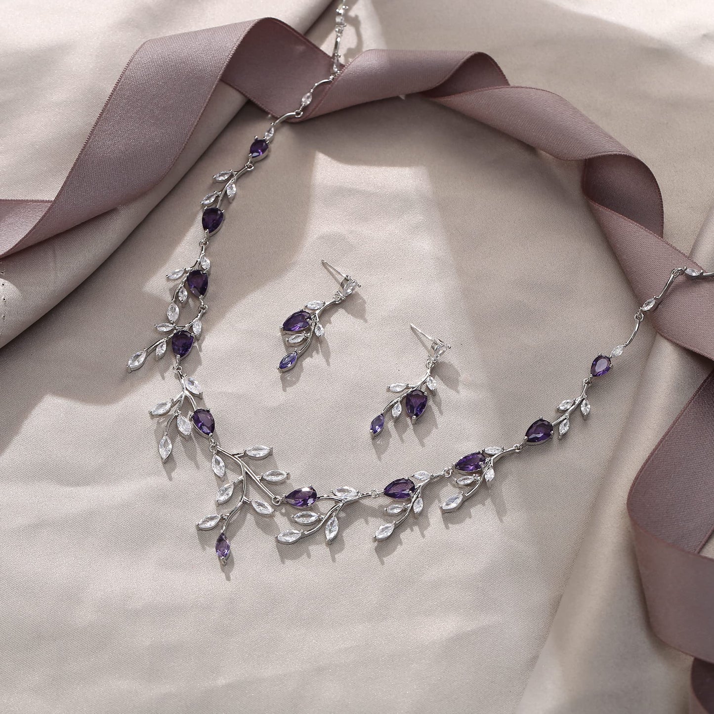 EVER FAITH Party Jewelry Set for Women, Sparkly Cubic Zirconia Pear-Shaped Birthstone Leaf Necklace Earrings Sets for Prom Purple