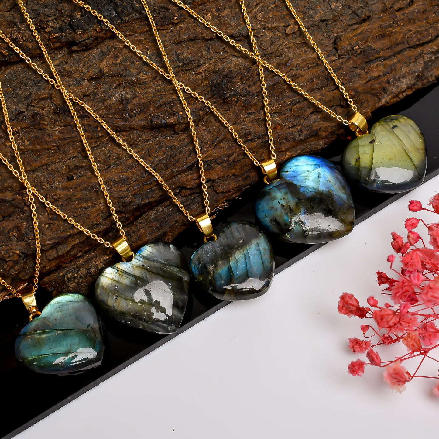YASHEE Labradorite Gemstone Heart Shape Pendant Necklace, Natural Cabochon, Women Jewelry, Energy Healing Crystals, Calm Chakra, Birthstone, Gift for Women, Gold Plated Jewelry 18 inch, AA+ Quality