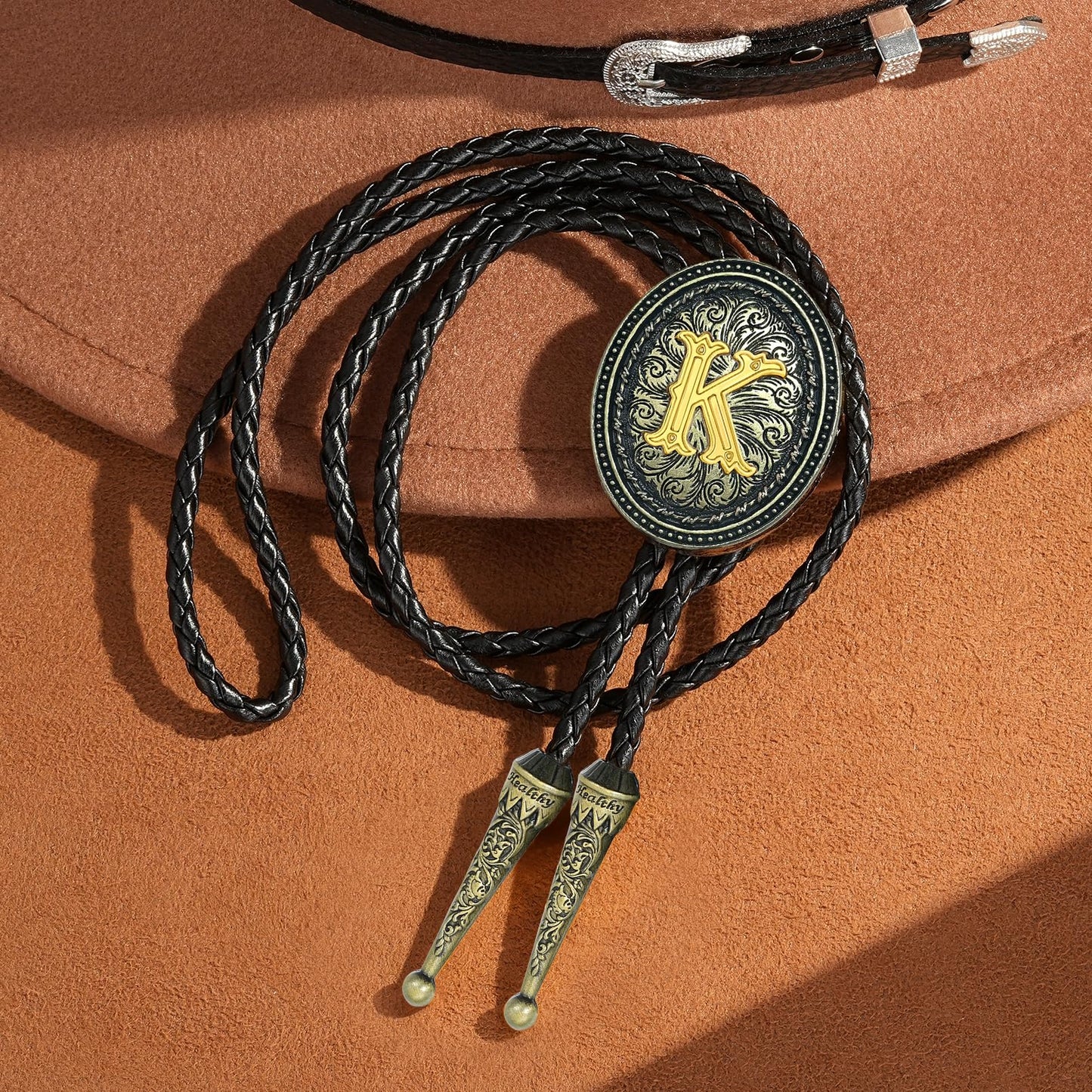 Sintcach Bolo Tie for Men Women, Western Cowboy Initial Letter Bolo Ties, Vintage Leather Necktie Western Accessories Cowboy Gifts, K
