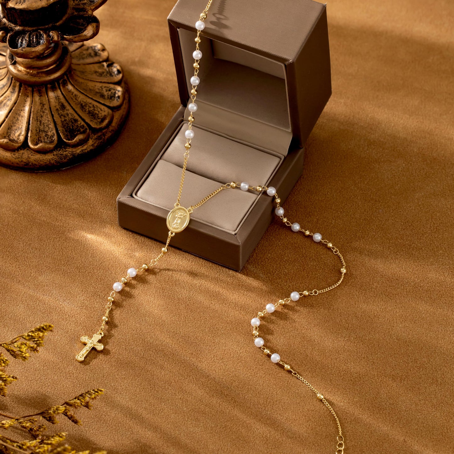 CHESKY Cross Necklace for Women Trendy, Dainty Long Gold Plated Y Shaped Pearl Necklace for Womens Simple Virgin Mary Jesus Pendant Necklace Gold Jewelry Gifts