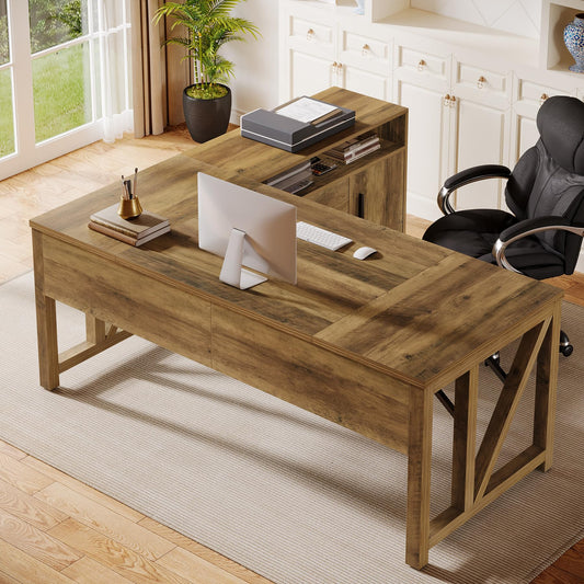 Tribesigns L Shaped Desk with Drawer Cabinet, 63" Executive Computer Desk and lateral File Cabinet, 2 Piece Home Office Furniture with Drawers for Hanging, Door (Rustic Brown, 63 inches)