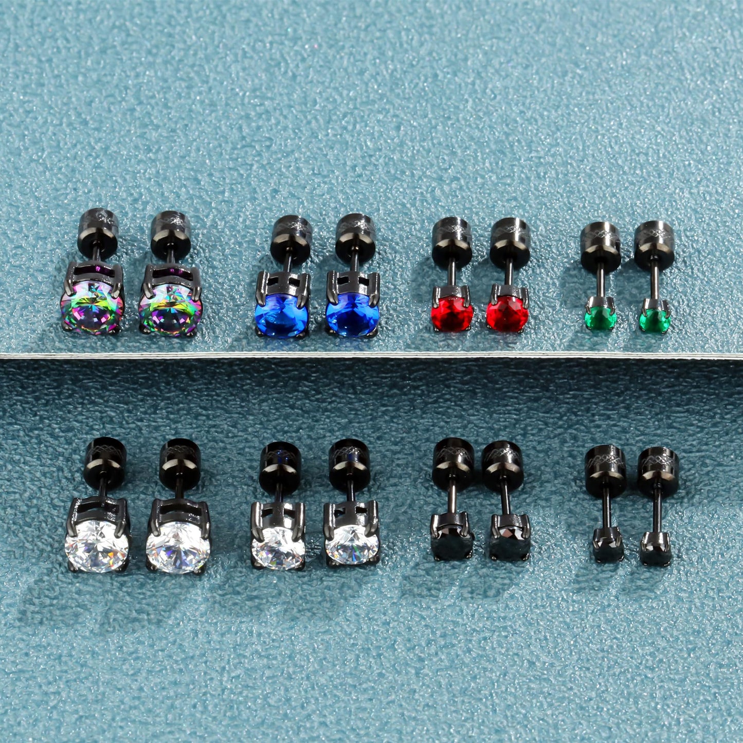 Hopply 4 Pairs Titanium Screw Back Surgical Stainless Steel Earrings for Women Men,Rainbow 5A Cubic Zirconia Studs Double Side Earrings Piercing Sleeper Jewelry 6mm (Blue/Rainbow CZ 3-6mm)