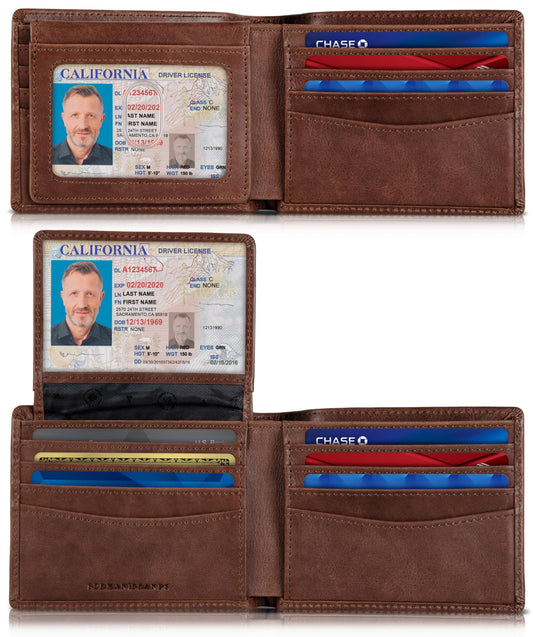 SERMAN BRANDS 2 ID Window Wallet for Men RFID Blocking Leather, Bifold Top Flip, Extra Capacity Travel Wallet (Morning Roast Executive)