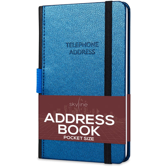 Skyline Address Book – Mini Telephone Contact Book with Password Log for Purse – Small Phone Number Book for Women & Men – Pocket Size, 3.5x6.2″, Hardcover (Mystic Blue)