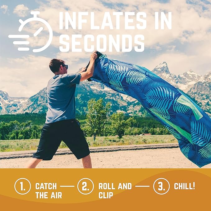 Chillbo Shwaggins Inflatable Couch – No-Pump Setup, Ripstop Polyester, Stability Pegs, Fun Prints, Portable Air Lounger for Beach, Camping, Festivals, and Tailgating - Green Leaf