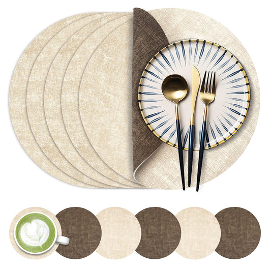 13-Inch Faux Leather Round Placemats Set of 6, Waterproof Anti-Slip Dual Sided Place mats, Heat Resistant Washable Table Mats with Coaster, Suitable for Indoor & Outdoor (6, Beige Dark Coffee)