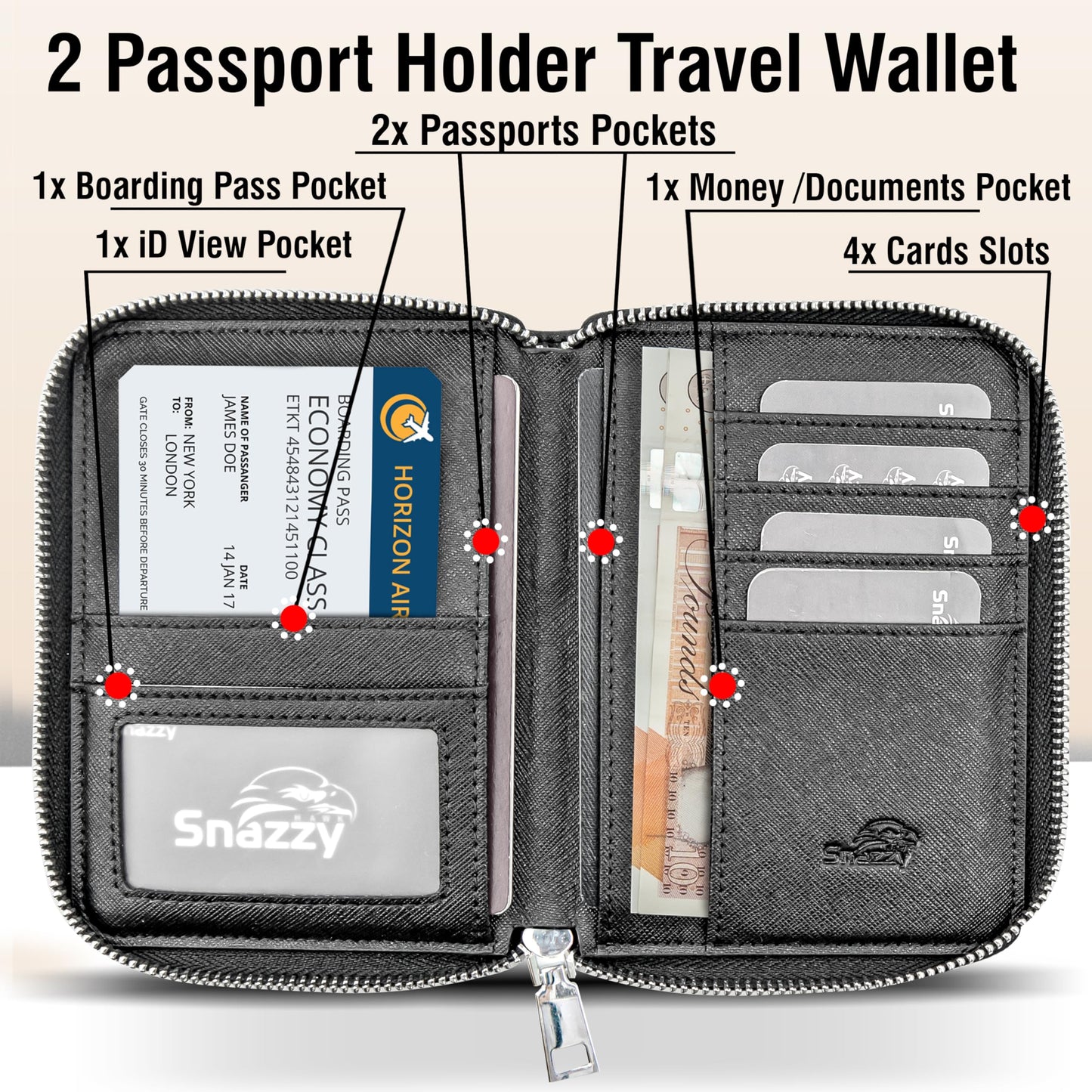 Snazzy Hawk RFID Travel Wallet Passport Holder w/Zipper - Organizer Bag for Travel Documents – Safety Essentials Cover for Men Women