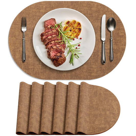BARTHKIT Placemats Set of 6 - Washable Heat Resistant Table Placemats - Wipeable Faux Leather Oval Place Mats, Waterproof Table Mats for Dining Table, Brown
