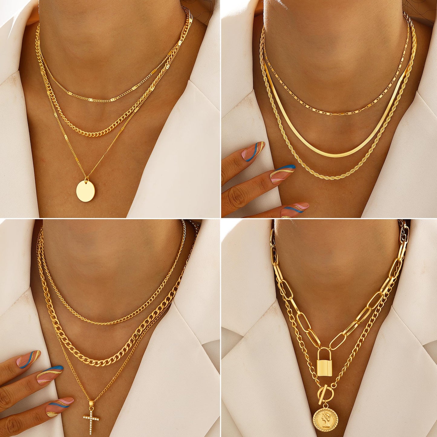 FAXHION 68 Pcs Gold Jewelry Set for Women with 7 Necklace, 17 Bracelet, 5 Hoop Earrings, 15 Stud Earrings, 24 Knuckle Rings for Women Jewelry Set for Women
