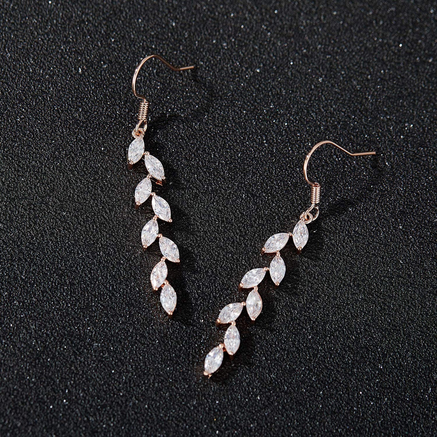 SWEETV Rose Gold Plated Marquise Wedding Dangle Earrings for Brides Birdesmaid, Crystal Long Bridal Earrings for Women Prom