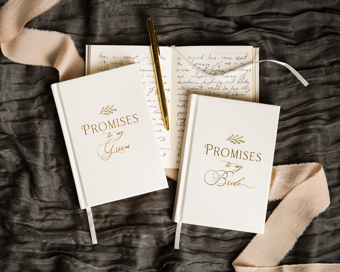 MUUJEE Promises to My Groom and Promises to My Bride Wedding Vow Books (Set of 2) - White Gold Foil Embossed Notebook Journal for Wedding Ceremony Vow Renewal - Wedding Gift Ideas