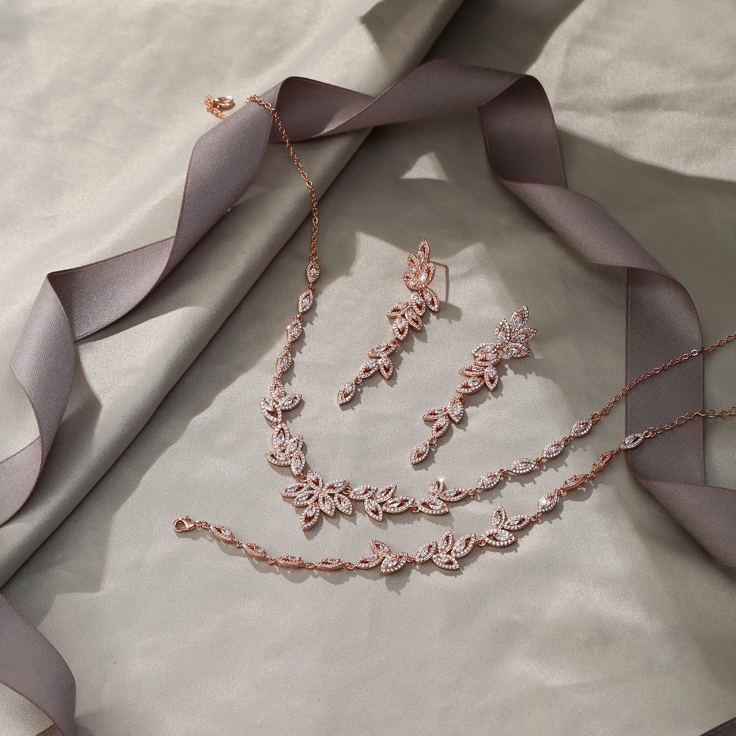 EVER FAITH Cubic Zirconia Bridal Jewelry Set for Bride Bridesmaid, Elegant Marquise Leaf Necklace Dangle Earrings Bracelet Sets for Woman Clear Rose Gold-Plated-Brass