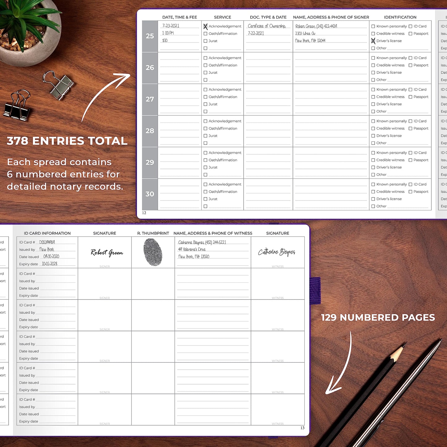 Clever Fox Notary Journal – Horizontal Notary Public Journal of Notarial Acts – Hardcover Notary Log Book – Notary Supplies – 378 Record Entries, Numbered Pages, Hardcover, 10”x7” (Purple)