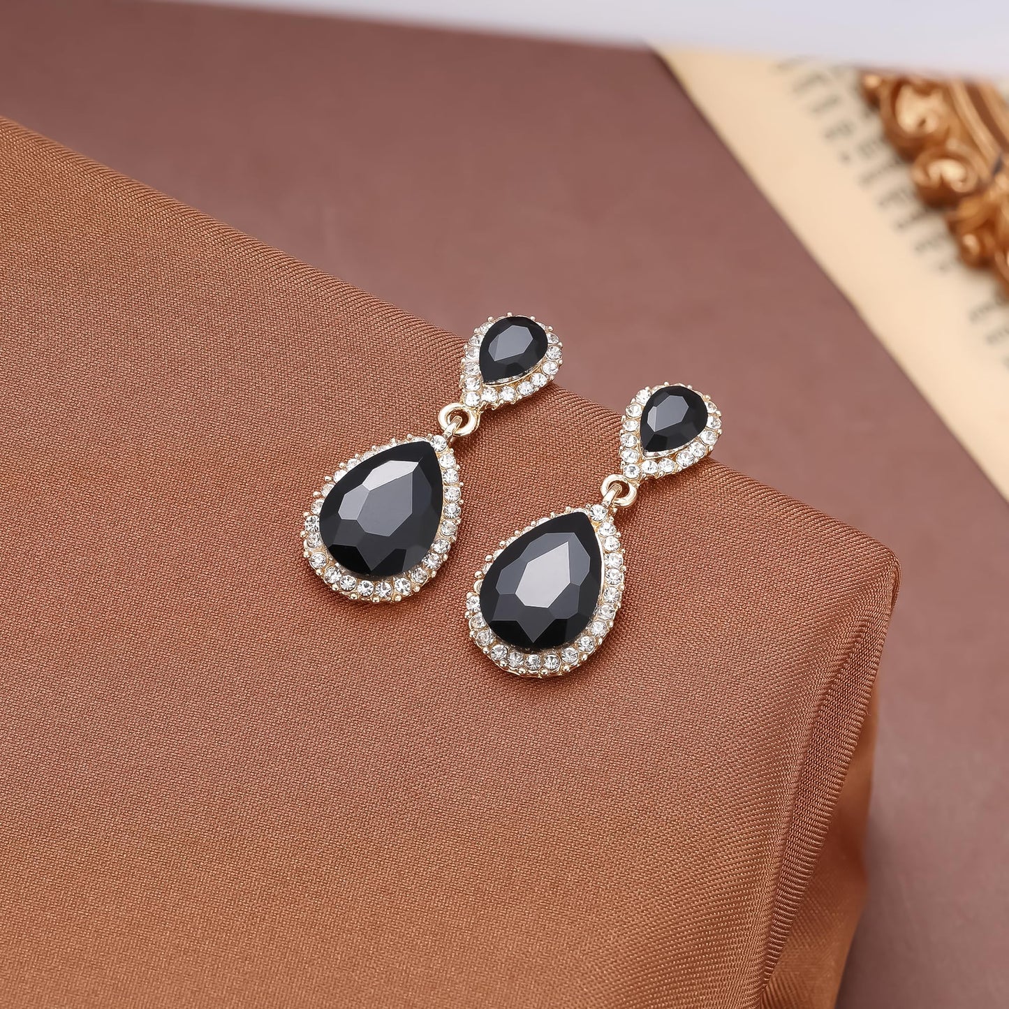 EVER FAITH Women's Austrian Crystal Wedding Tear Drop Dangle Earrings Black Gold-Plated-Base