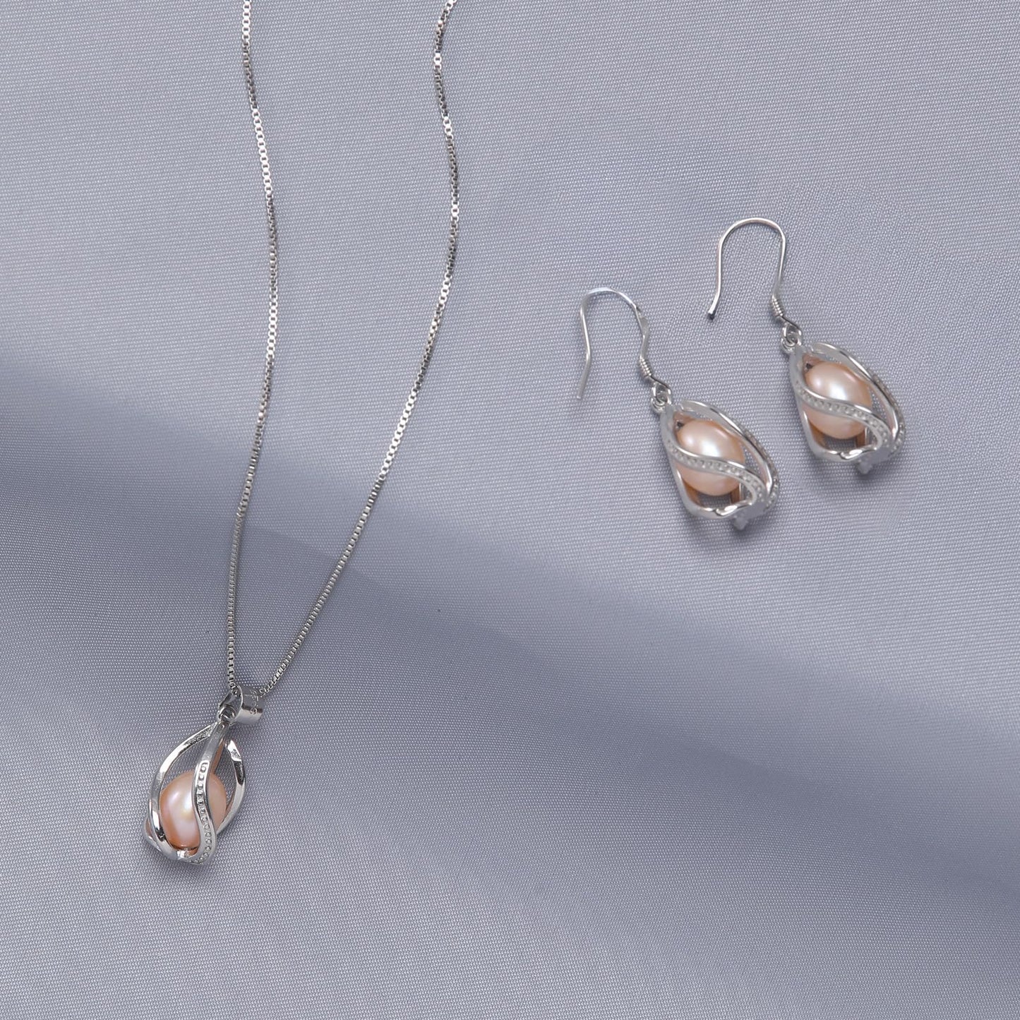 HENGSHENG Pearl Jewelry Set For Women S925 Sterling Silver Necklace & Earrings Set Freshwater Pearl Pendant Cage Set for Wedding Anniversary Prom Birthday Gift - Silvery Pink