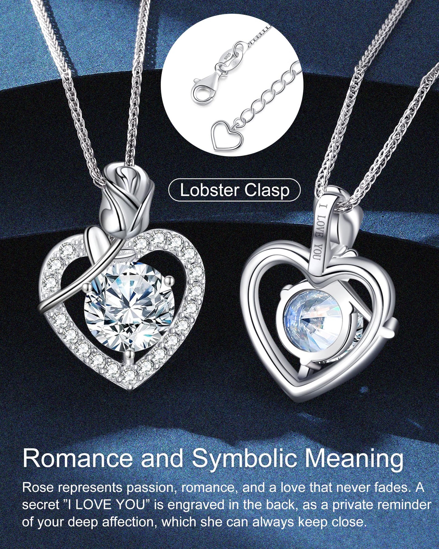 N9NEMUSES Rose Heart Pendant Necklace Gifts for Wife, 2 Carat Moissanite Necklace, 925 Sterling Silver Anniversary Birthday Gifts for Women, Jewelry Gifts for Wife Mom Daughter
