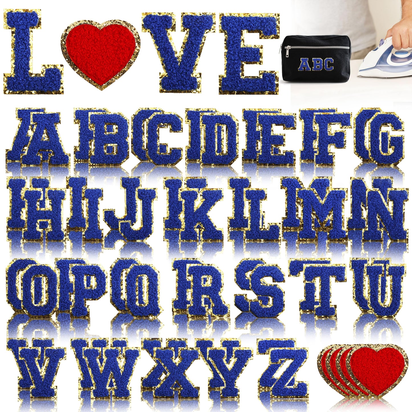 56Pcs Chenille Letter Iron on Patches,Sew On Preppy Letter Patches A-Z Alphabet Stickers for Clothing Backpacks Embroidered Applique Initial Patch Blue 2.2 inch