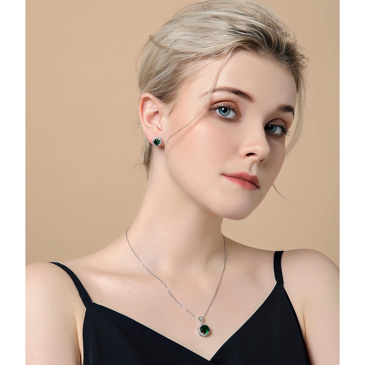 AMYJANE Emerald Necklace and Earrings Set - 14k White Gold Plated Green Round Cubic Zirconia Crystal Pendant and Halo Stud Earrings - May Birthstone Fashion Jewelry for Women