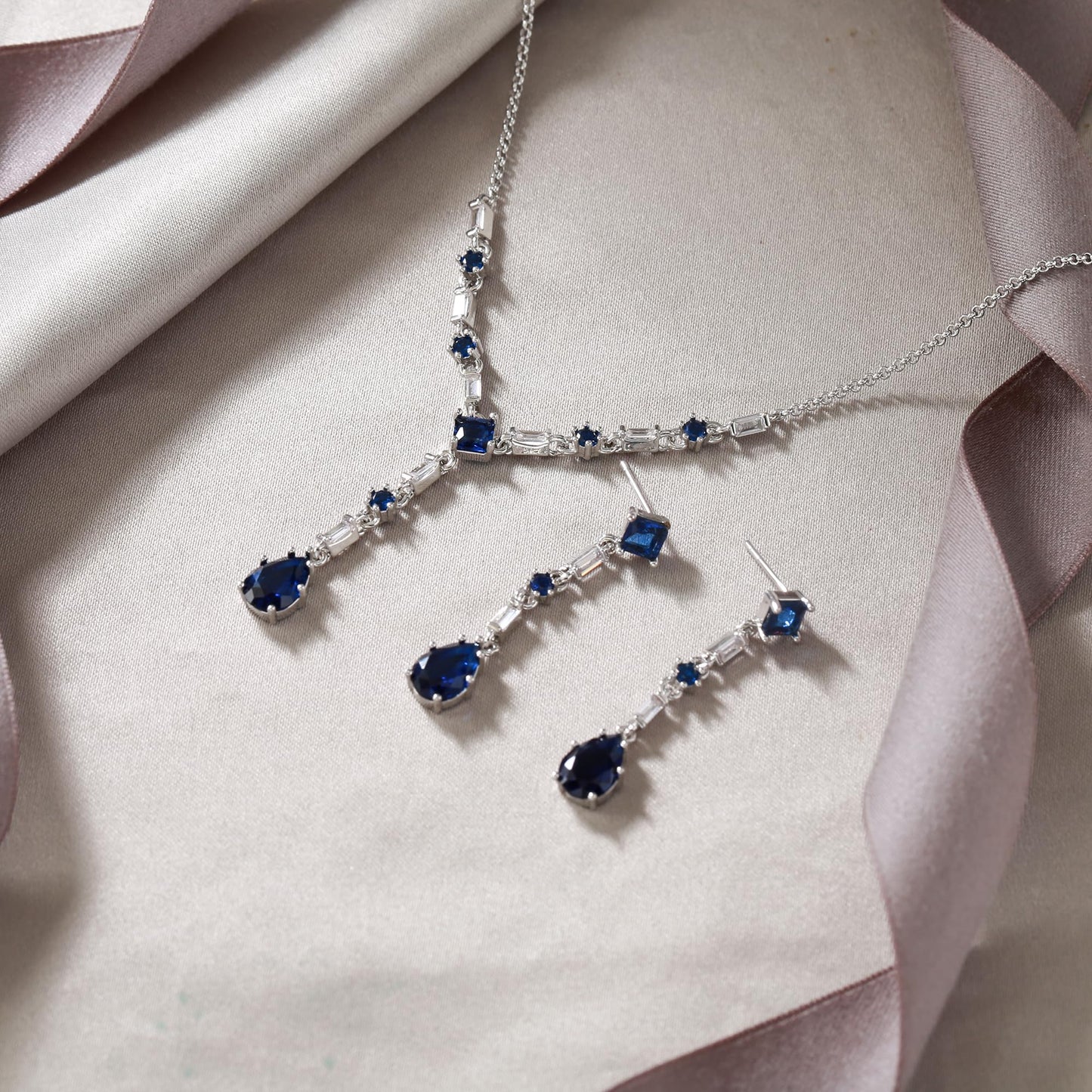 EVER FAITH Blue Cubic Zirconia Jewelry Set Elegant Rhombic Sapphire September Birthstone Teardrop Wedding Prom Choker Necklace Dangle Earrings Sets for Women