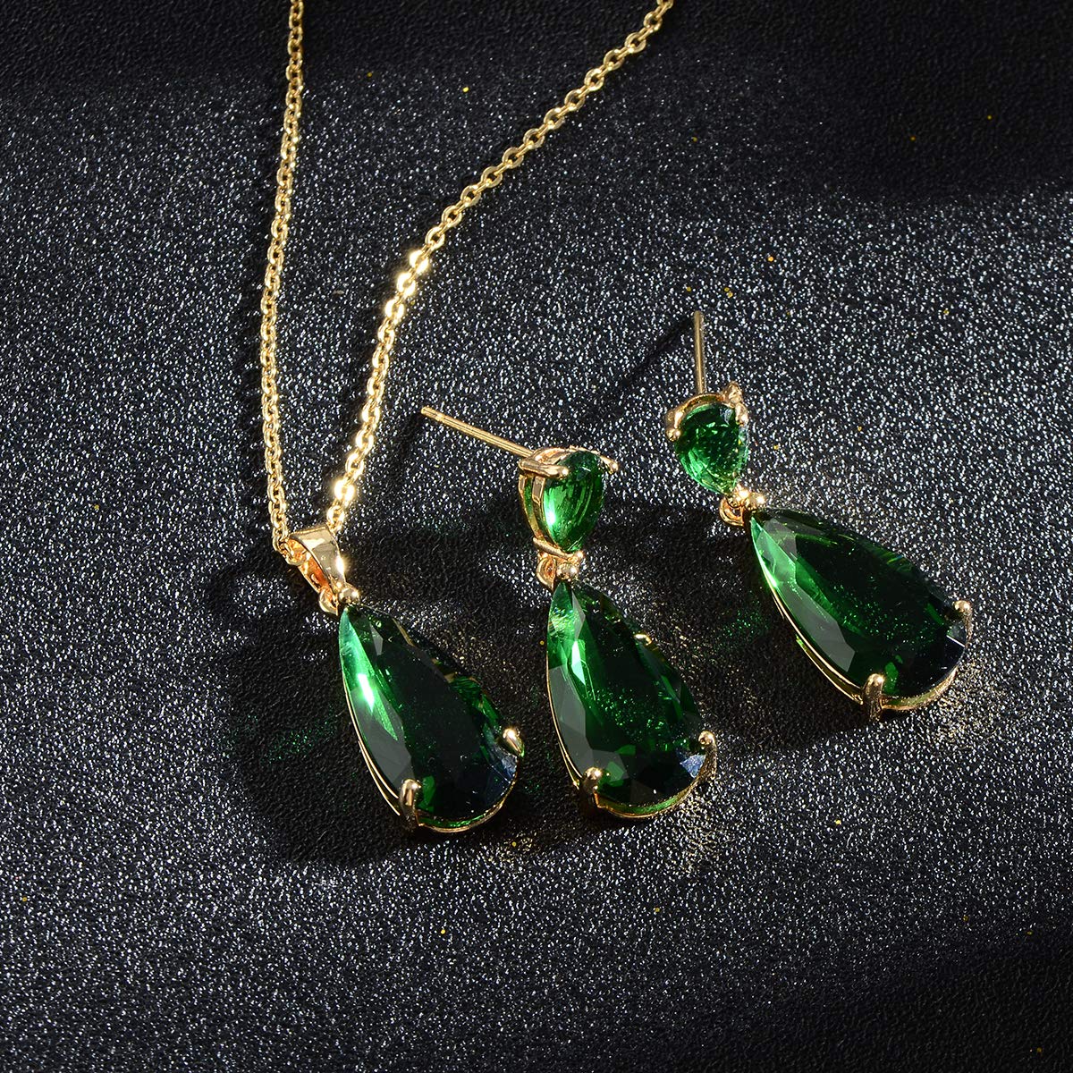 Emerald CZ Jewelry Set for Women - 18k Gold Plated Green Teardrop Cubic Zirconia Crystal Rhinestone Drop Earrings and Pendant Necklace Set for Mother of Bride Prom Party May Birthstone Fashion