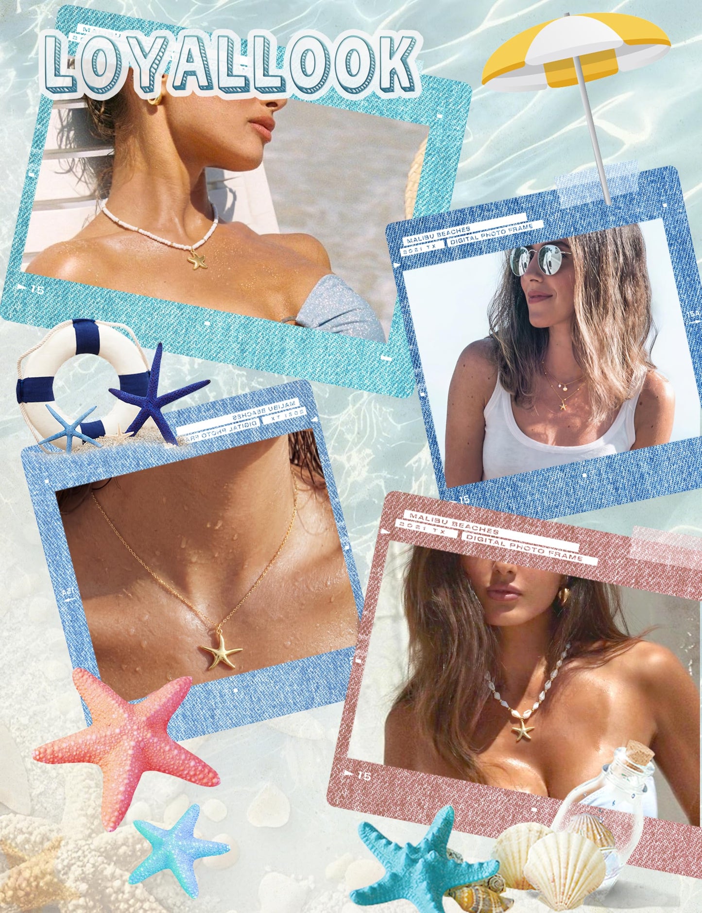 LOYALLOOK Shell Starfish Necklace for Women, 14k Gold Plated Dainty Layered SeaShell Starfish Charm Necklace Stack, Non Tarnish Waterproof Gold Beach Accessories for Summer Vacation ZZ
