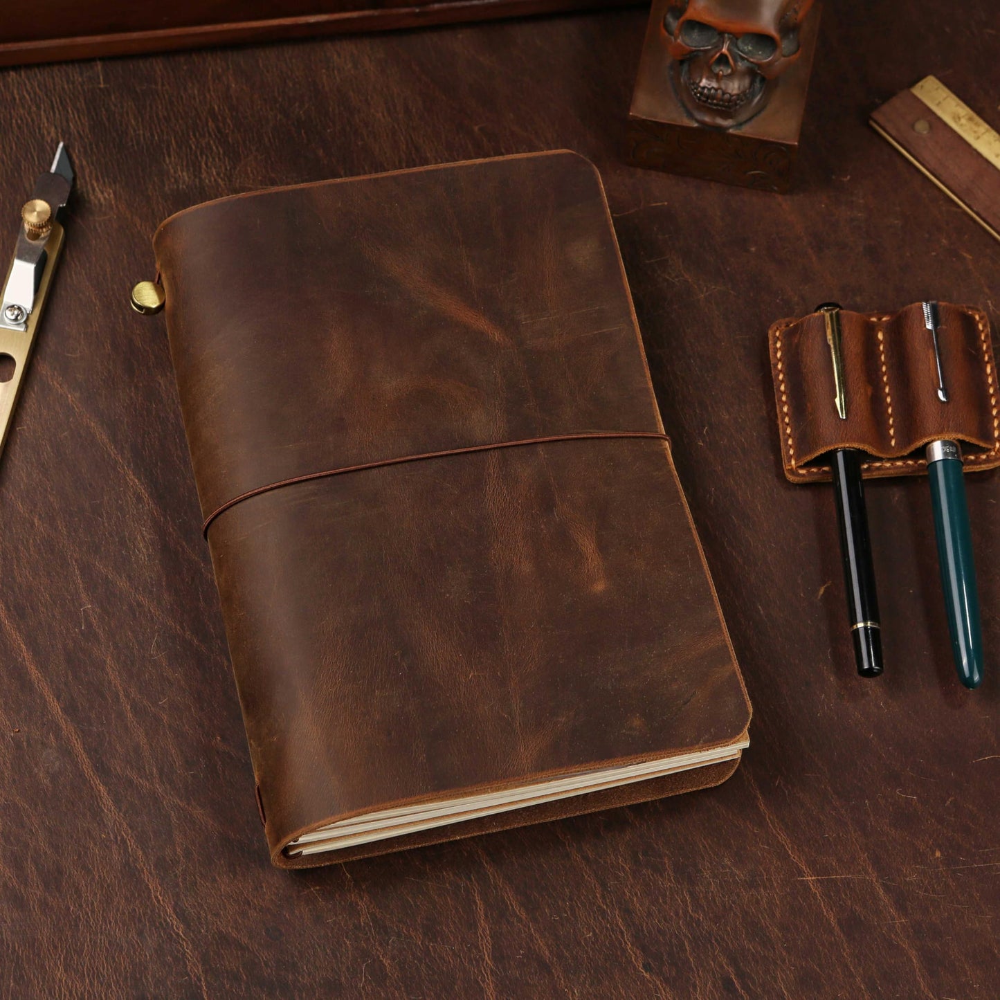 Handmade Leather Refillable A5 Travelers Notebook Cover, A5-8.3'' x 5.8''Leather Journal with 3 Inserts and Card Slots and Pen Holder