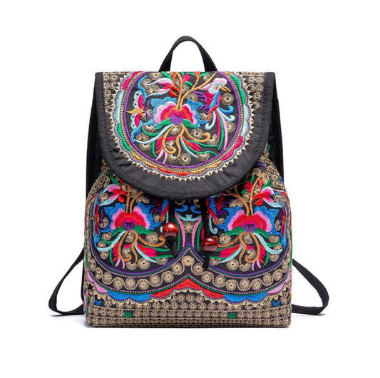 levayhill Women Vintage Embroidery Ethnic- Backpack- Flower Shoulder Bag Purse,Fashion Handbag Small Drawstring Casual Travel Daypack (Embroidered Backpack)