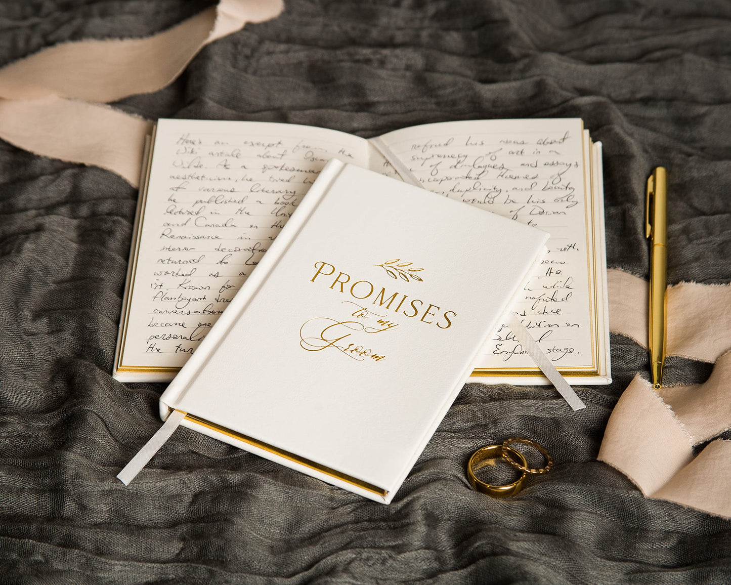 MUUJEE Promises to My Groom and Promises to My Bride Wedding Vow Books (Set of 2) - White Gold Foil Embossed Notebook Journal for Wedding Ceremony Vow Renewal - Wedding Gift Ideas