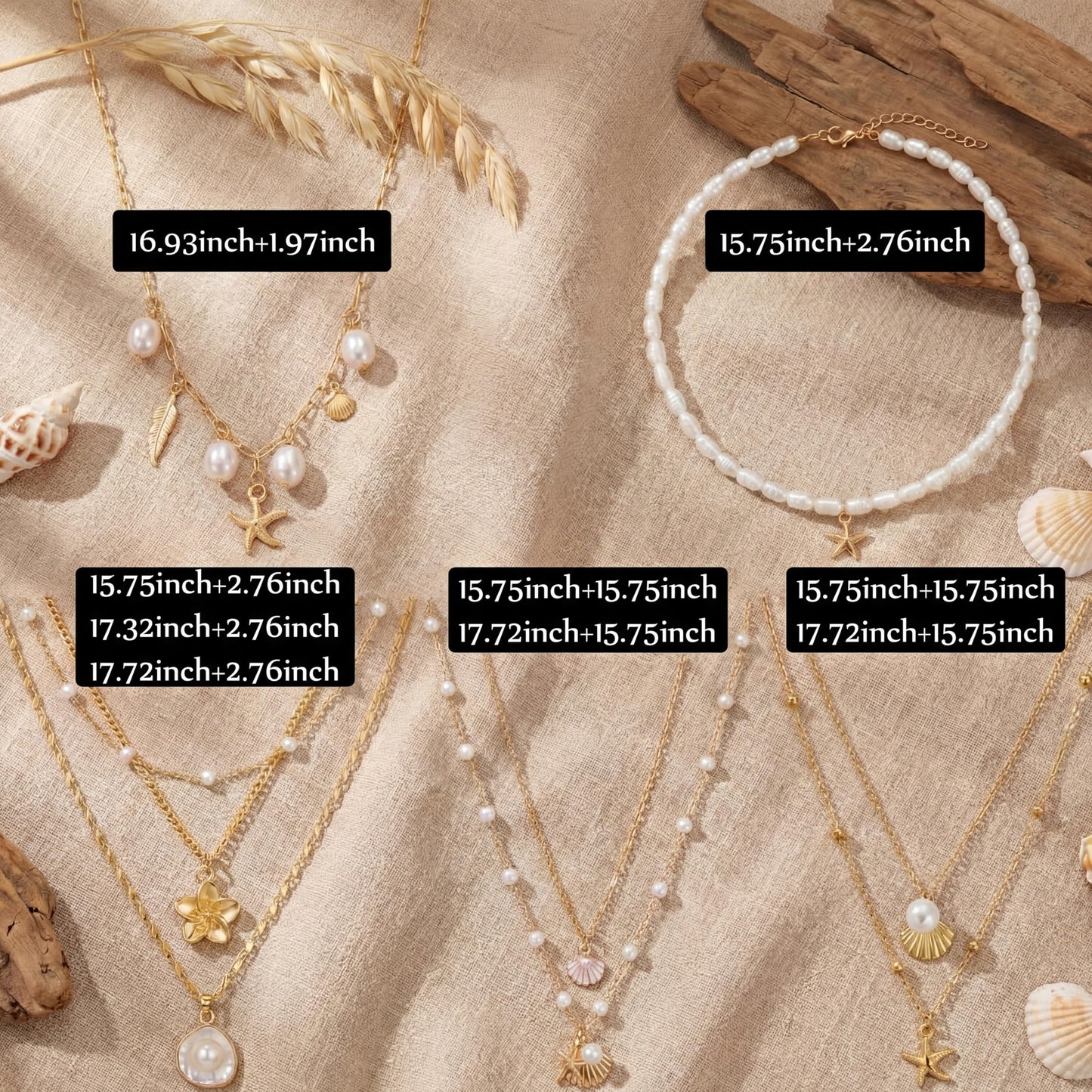 Unittype 9 Pcs Shell Necklace for Women Summer Beach Jewelry Pearl Choker Gold Sea Shell Scallop Starfish Necklaces Ocean Tropical Vacation Necklaces Beach Charm Jewelry Gift Set for Teens Girls