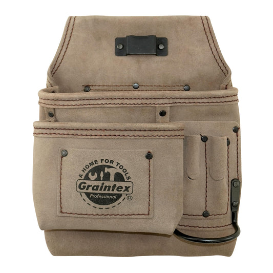 Graintex 5 Pocket Nail & Tool Pouch Suede Leather for Constructors, Electricians, Plumbers, Handymen (Beige, Left Handed)