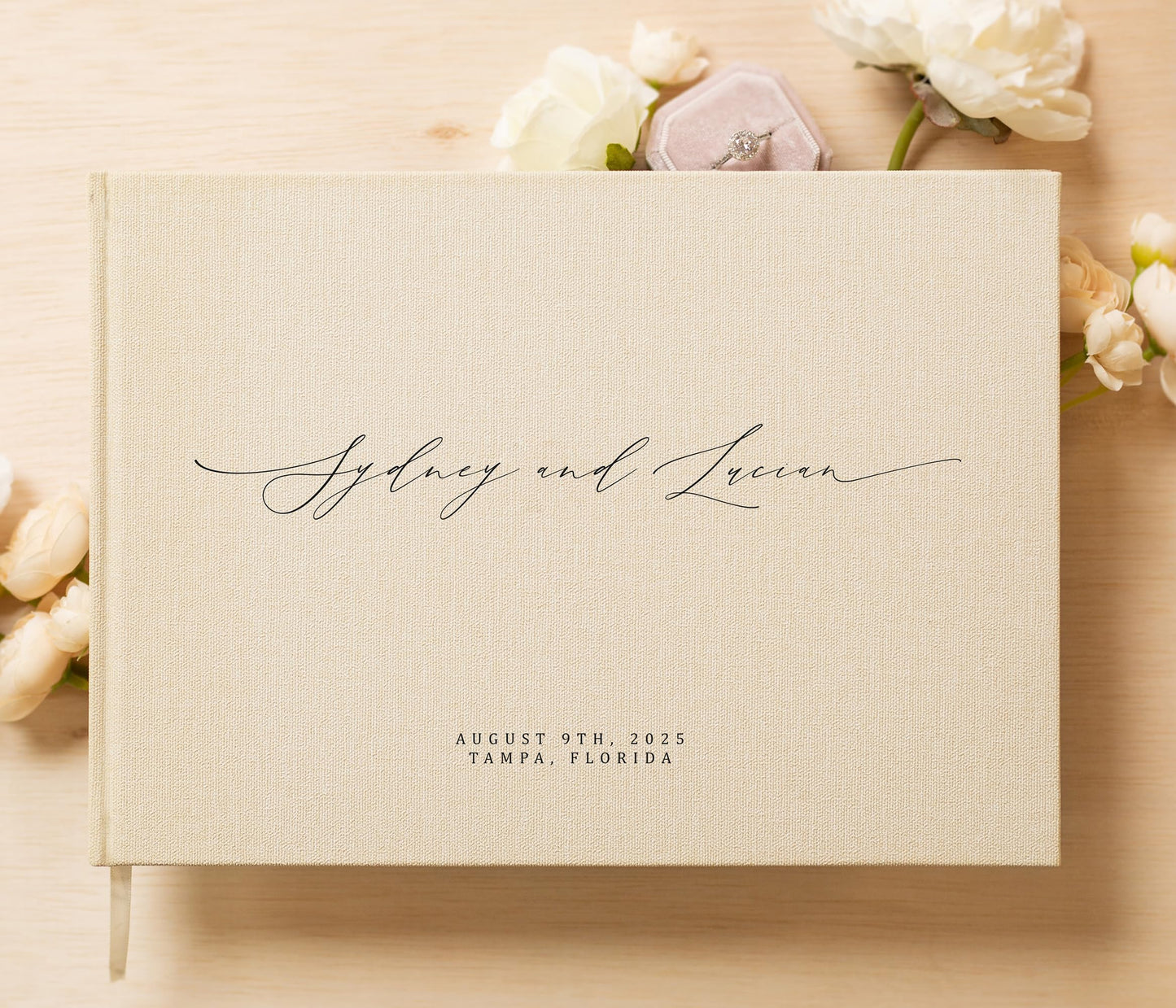 MUUJEE Personalized Guestbook in Cream - Premium Custom Modern Guest Book for Wedding Reception, Birthday Party or Events w/Bookmark Blank Pages for Signing, Extra Large 11.5 x 8.5 inches