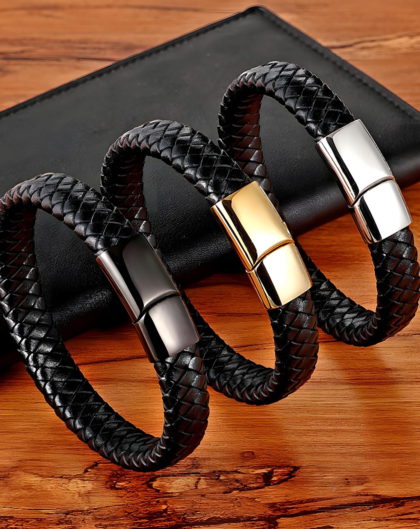 Deerllia Leather Bracelet for Men, Braided Cuff with Stainless Steel Clasp Stacked Multi Style Color Anniversary Father's Day Birthday Christmas Jewelry Gifts for Him, Silver Clasp Black Leather