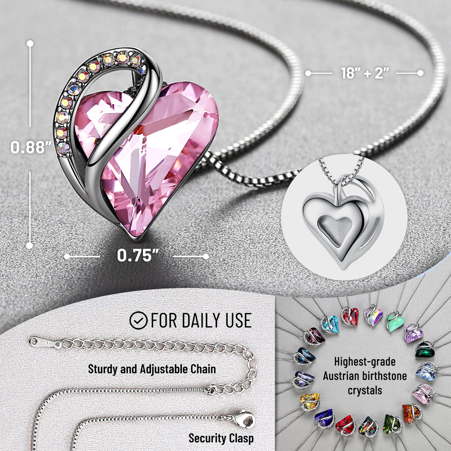 Leafael Gift Necklaces for Women, Infinity Love Birthstone Heart Pendant, Rose Quartz Pink Crystal for October, Birthday Jewelry for Her, Mom, and Wife, Silver Plated, 18" + 2" Chain
