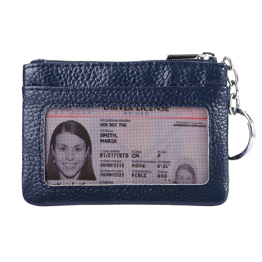Women Genuine Leather Keychain Zipper Change Wallet Small Mini Pocket Size Coin Purse, Navy