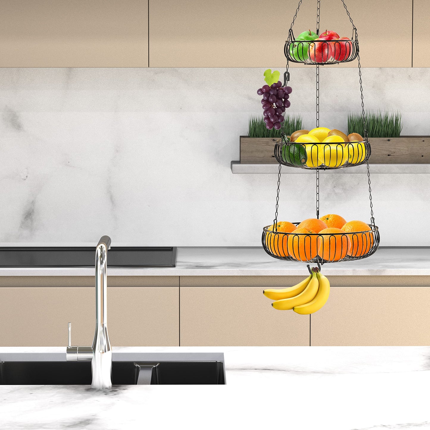 Simple Houseware Adjustable Metal Hanging Fruit Basket, Oblate, Black, 11" W x 11" L x 30" H