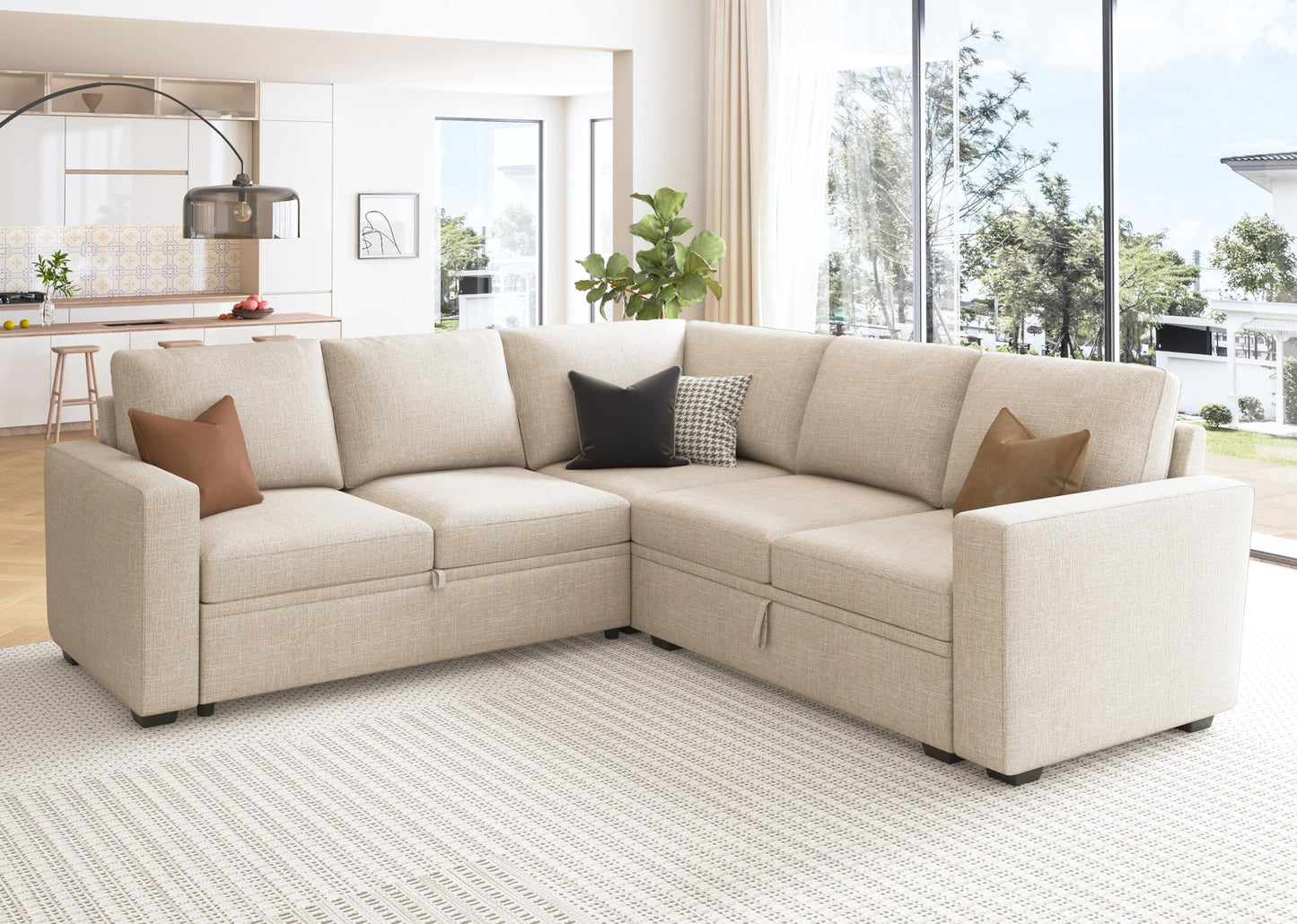 HONBAY Modular Sectional Sleeper Sofa with Pull Out Bed, L Shaped Couch with Storage Seat, Convertible Sectional Couches for Living Room, Beige