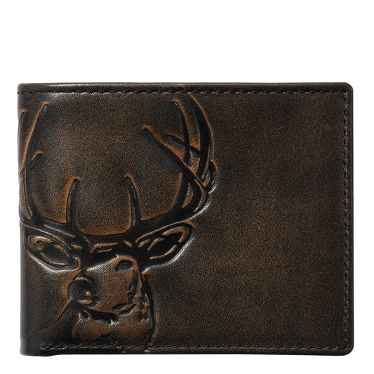 House of Jack Co. Deer Men's Double ID Bifold Wallet, Full Grain Leather Hunting Wallet, 2 ID Windows, 10 Card Slots, Camo Lining, Embossed Whitetail Deer, Hunter Gift for Men, Black