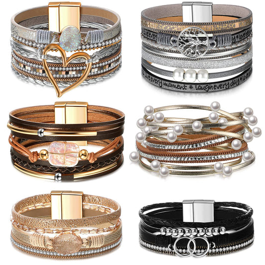 Yinkin 6 Pcs Boho PU Leather Wrap Bracelets for Women Stack Multi Layer Bohemian Cuff Bracelets trendy Jewelry Gifts(Stylish)
