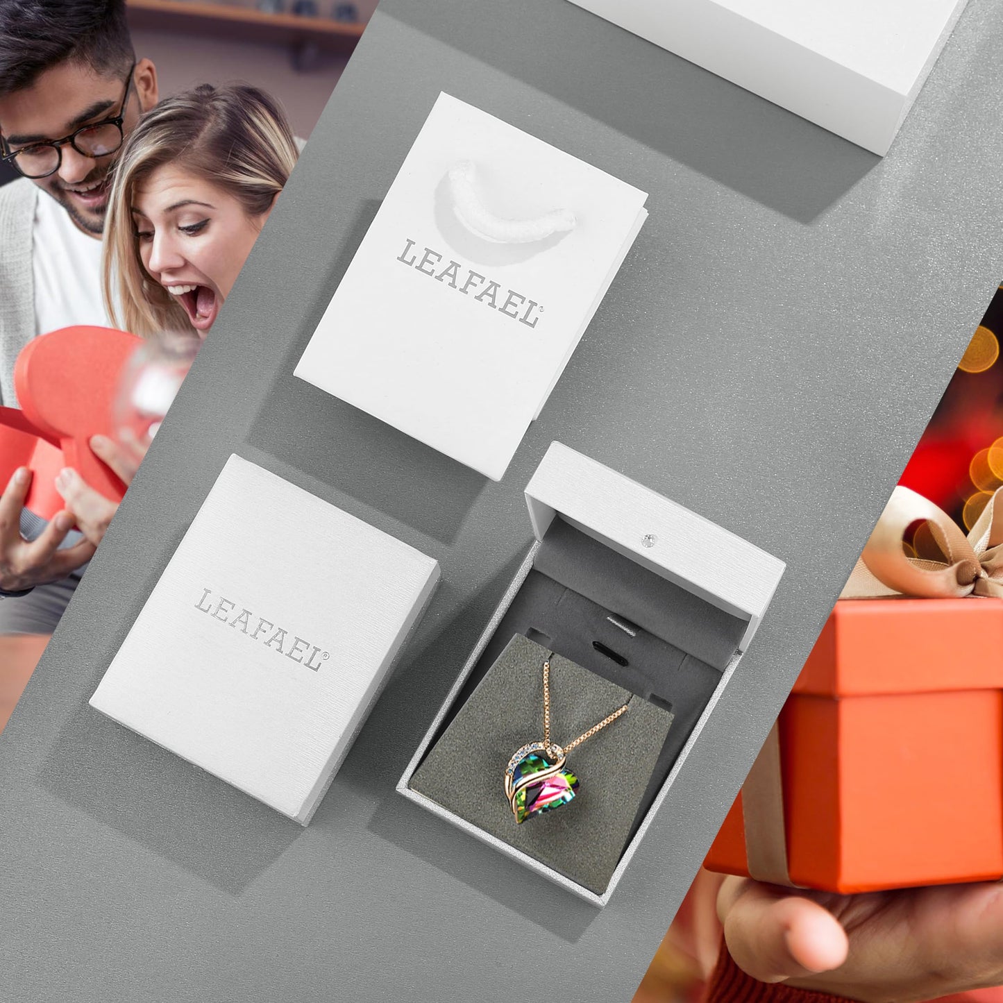 Leafael Gifts for Women Rose Gold Plated Necklaces: Heart Shaped Rainbow Black Healing Crystal, Cubic Zirconia, Hypoallergenic Chain (18"+2"), Jewelry for Anniversaries and Birthdays
