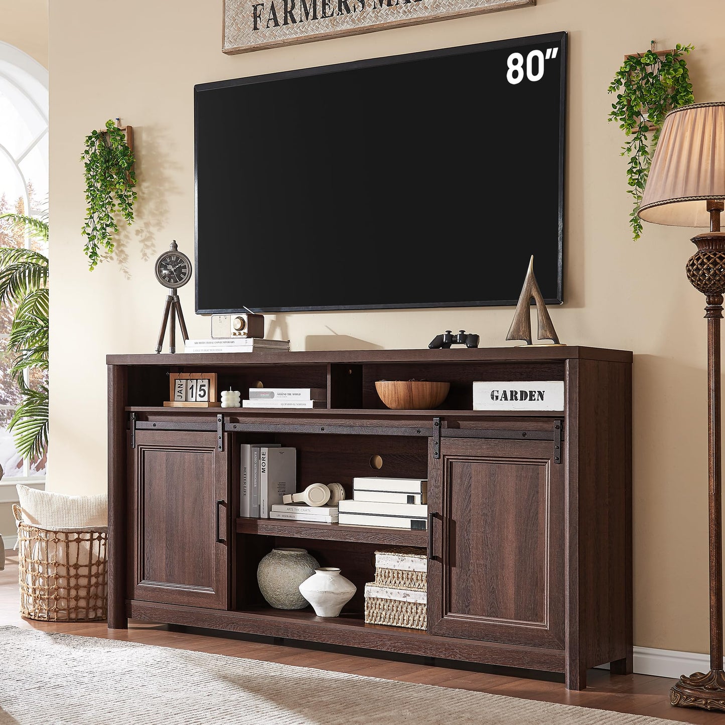 Farmhouse TV Stand for Living Room, Entertainment Center with Storage, Walnut TV Console for Bedroom, Media Storage Cabinet with Sliding Barn Doors & Adjustable Shelves, Fits 80 Inch TV, Rustic Wood