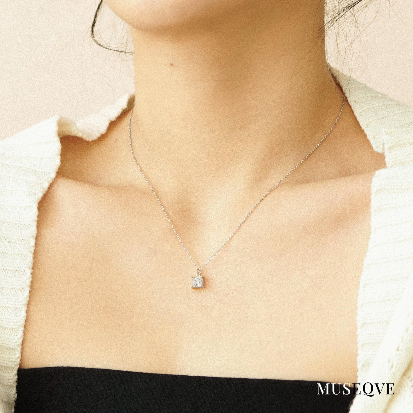 MUSEQVE 14K Gold Plated Solitaire Necklace for Women • Square CZ Diamond Princess Cut Cubic Zirconia Pendant Jewelry • Adjustable Chain Non Tarnish Bridesmaid Gifts [CZN-SQ-S]