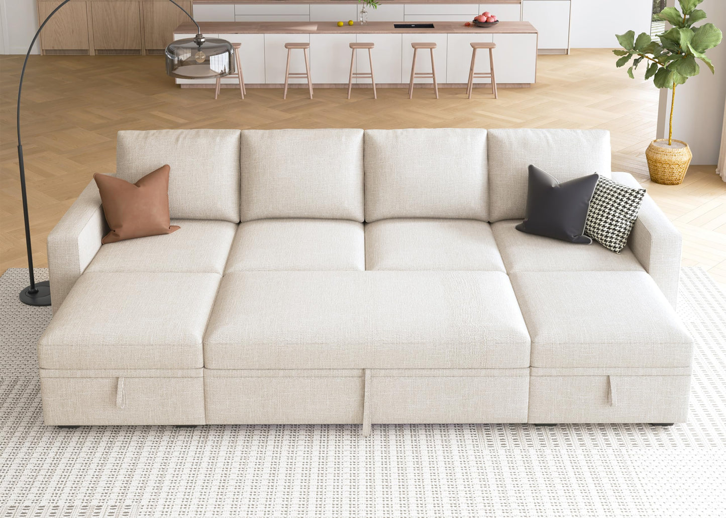 HONBAY Modular Sectional Sleeper Sofa Bed, Sectional Couch with Pull Out Bed U Shaped Modular Couch with Storage Ottoman for Living Room, Beige