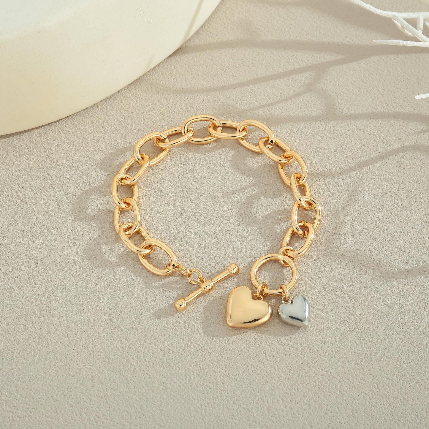 ENSKEFEN Chunky Gold Bracelets for Women with Gold Silver Heart Charms Bracelet Chunky Thick Large Link Chain Bracelet Fashion Romantic Statement Jewelry