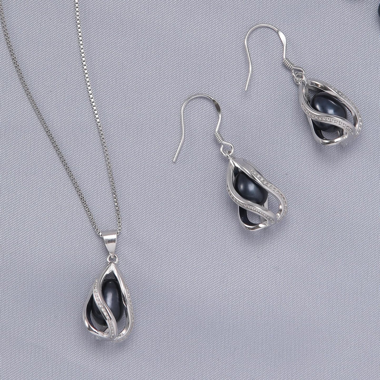 HENGSHENG Pearl Jewelry Set For Women S925 Sterling Silver Necklace & Earrings Set Freshwater Pearl Pendant Cage Set for Wedding Anniversary Prom Birthday Gift - Silvery Black