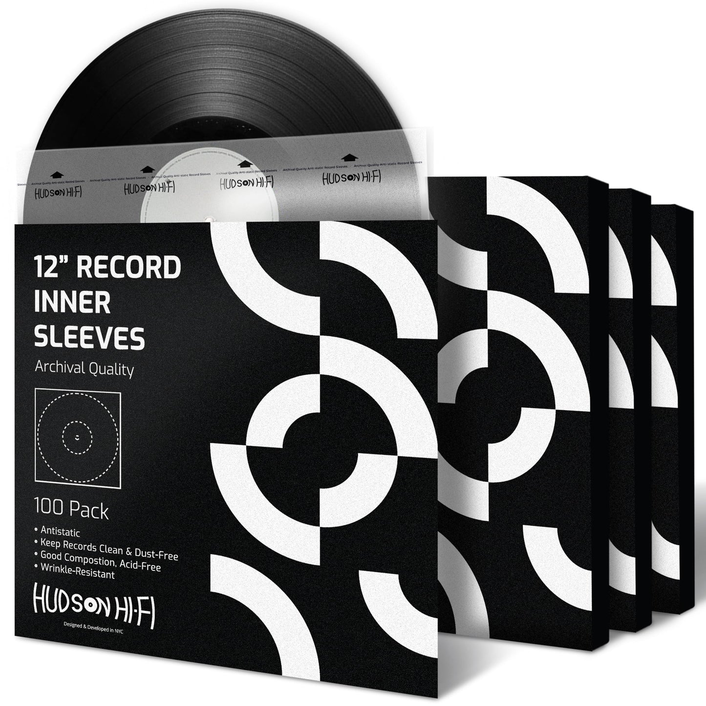 Hudson Hi-Fi Anti-Static Vinyl Record Sleeves - Durable Clear Disc Sleeves- Protect Your LP Albums from Scratches, Dust & Dirt - Acid-Free Rice Paper Disc Covers, 100x Inner Sleeves