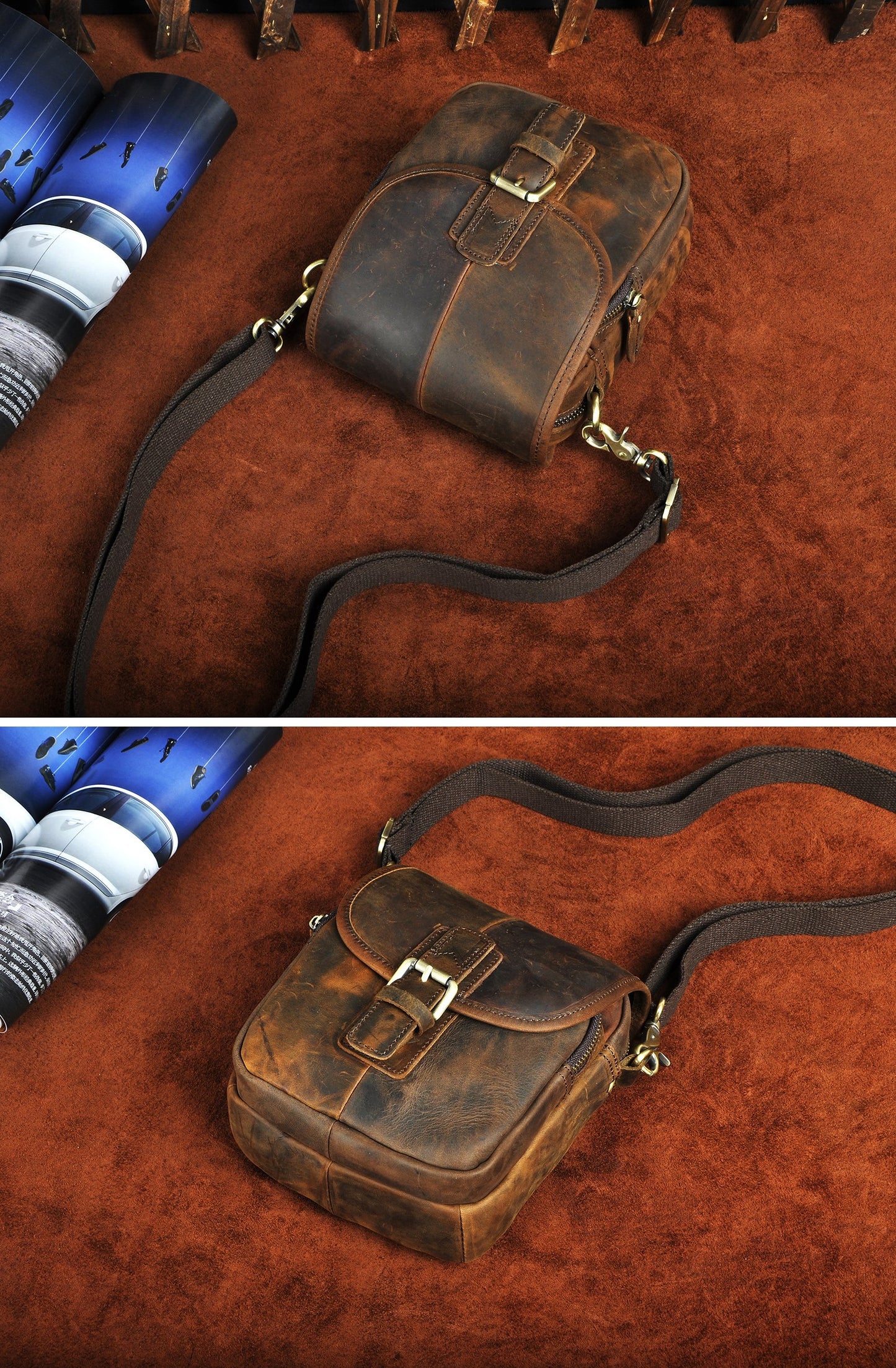 Le'aokuu Men Leather Fashion Mini Messenger Crossbody Bag Designer Hook Organizer Waist Hip Bum Belt Bag Pack (0 1168 brown)