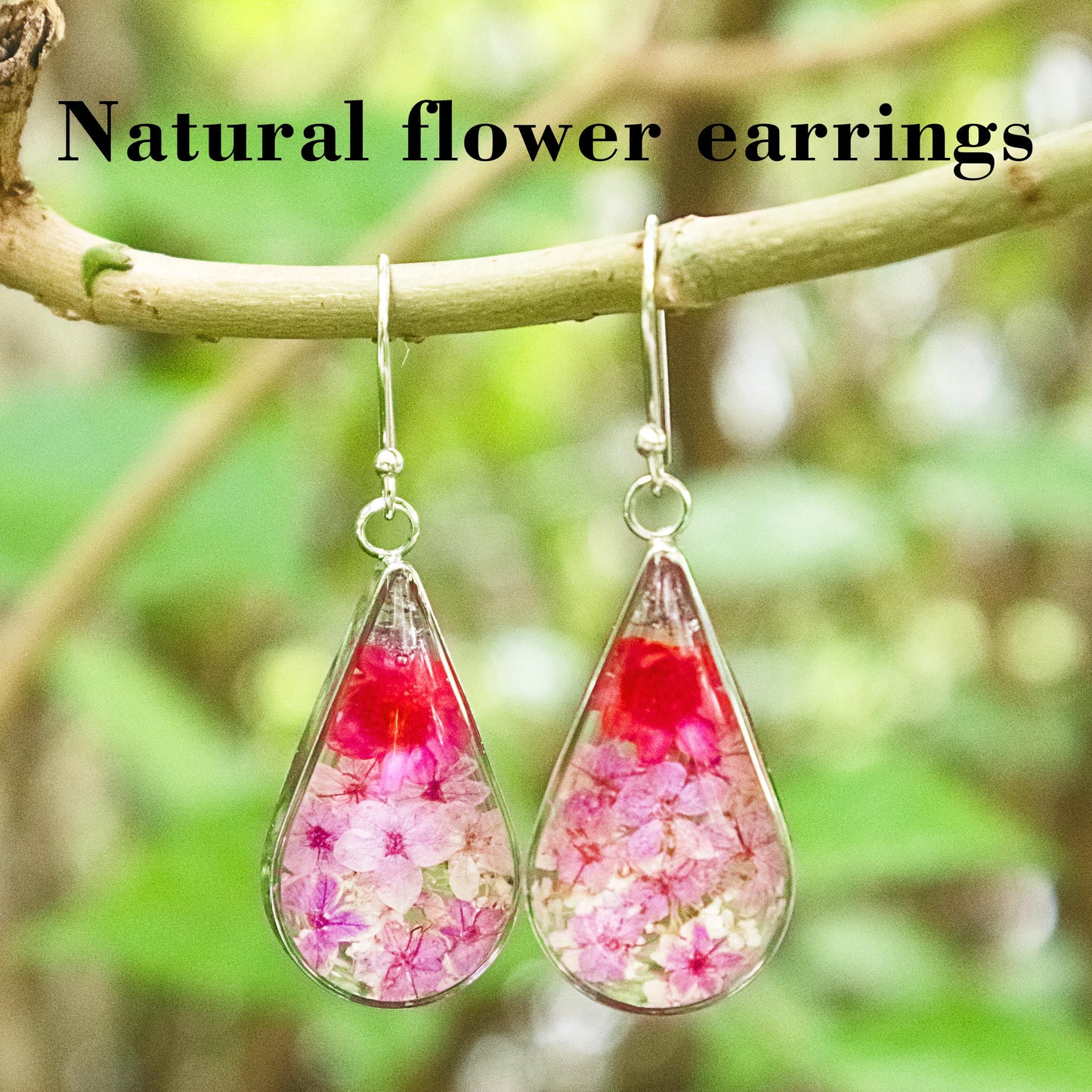 925 Sterling Silver Pressed Flower Teardrop Earrings,Hypoallergenic Women's Jewelry Gift for Mom,Handmade natural dried flower teardrop earrings Jewelry Gift (Emerald Rose Pink)