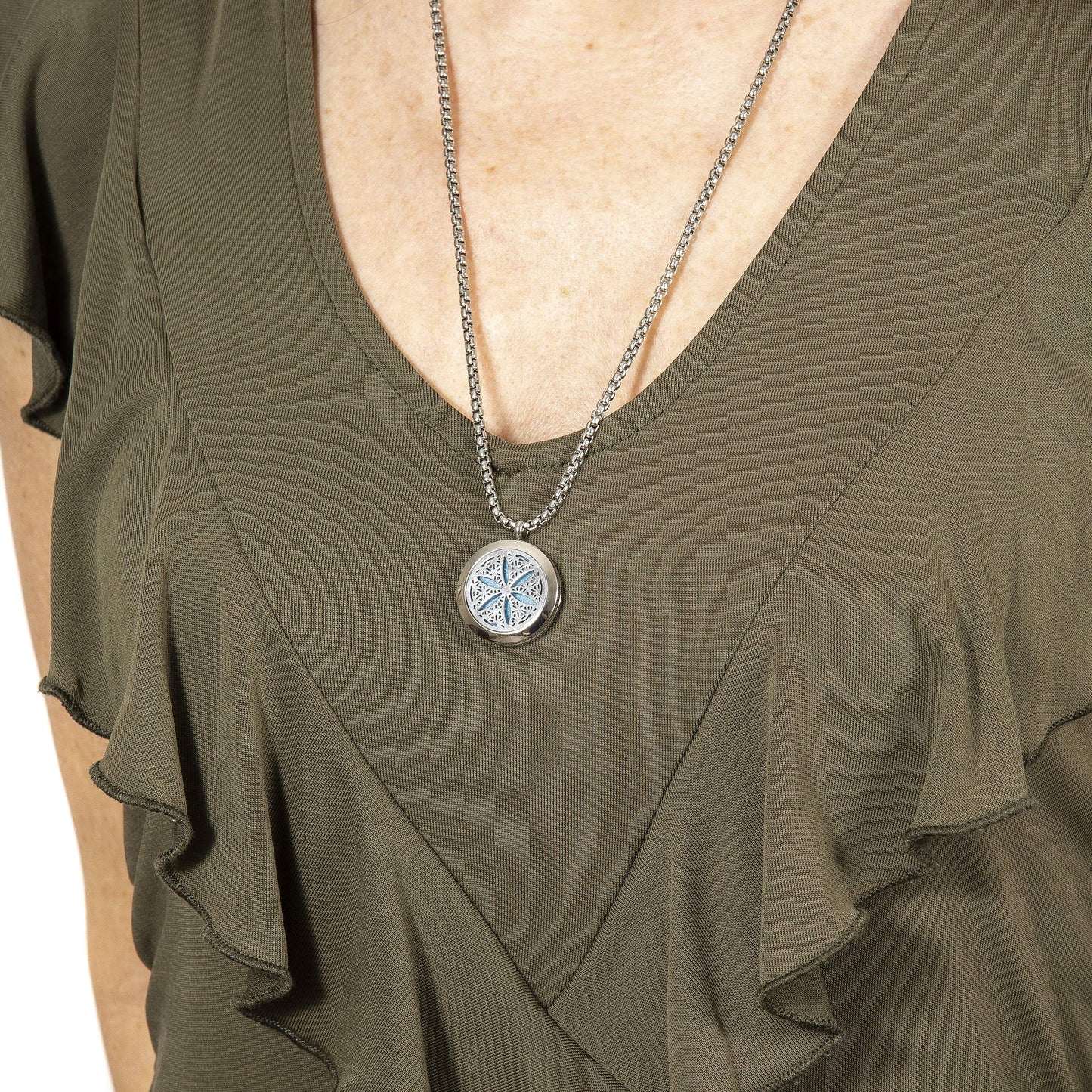 Wild Essentials Flower of Life Essential Oil Diffuser Necklace, Stainless Steel Locket Pendant with 24 inch Chain, 12 Color Refill Pads, Customizable Color Changing Perfume Jewelry for Aromatherapy